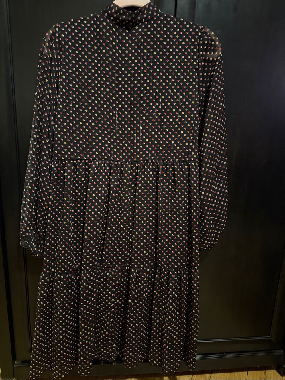 Signature by Robbie Bee Black Long Sleeve Tiered Dress with Pink Dots - Picture 2 of 3